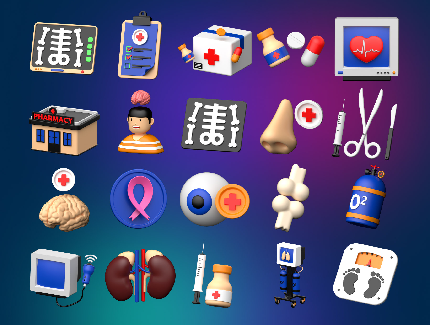 医疗3D图标集 Medical 3D icons Set obj, png, blender格式-3D/图标-到位啦UI